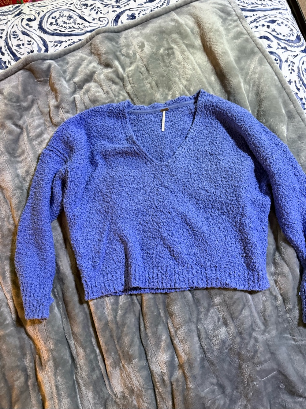 Free People Textured V-Neck Sweater in Royal Blue
